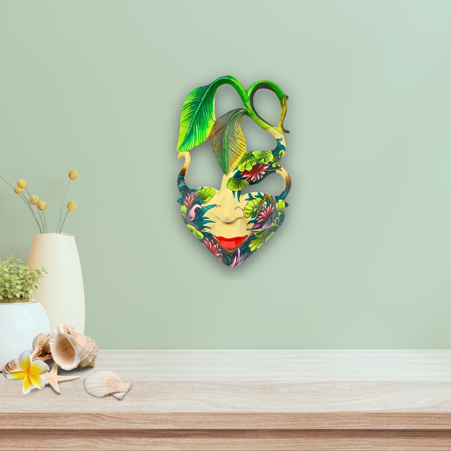 Hand Carved Wood Balinese  Goddess Mask: Hand-painted Sacred Lotus Garden Abstract Carving, Wall Art
