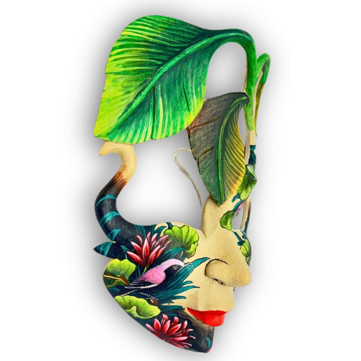 Hand Carved Wood Balinese  Goddess Mask: Hand-painted Sacred Lotus Garden Abstract Carving, Wall Art
