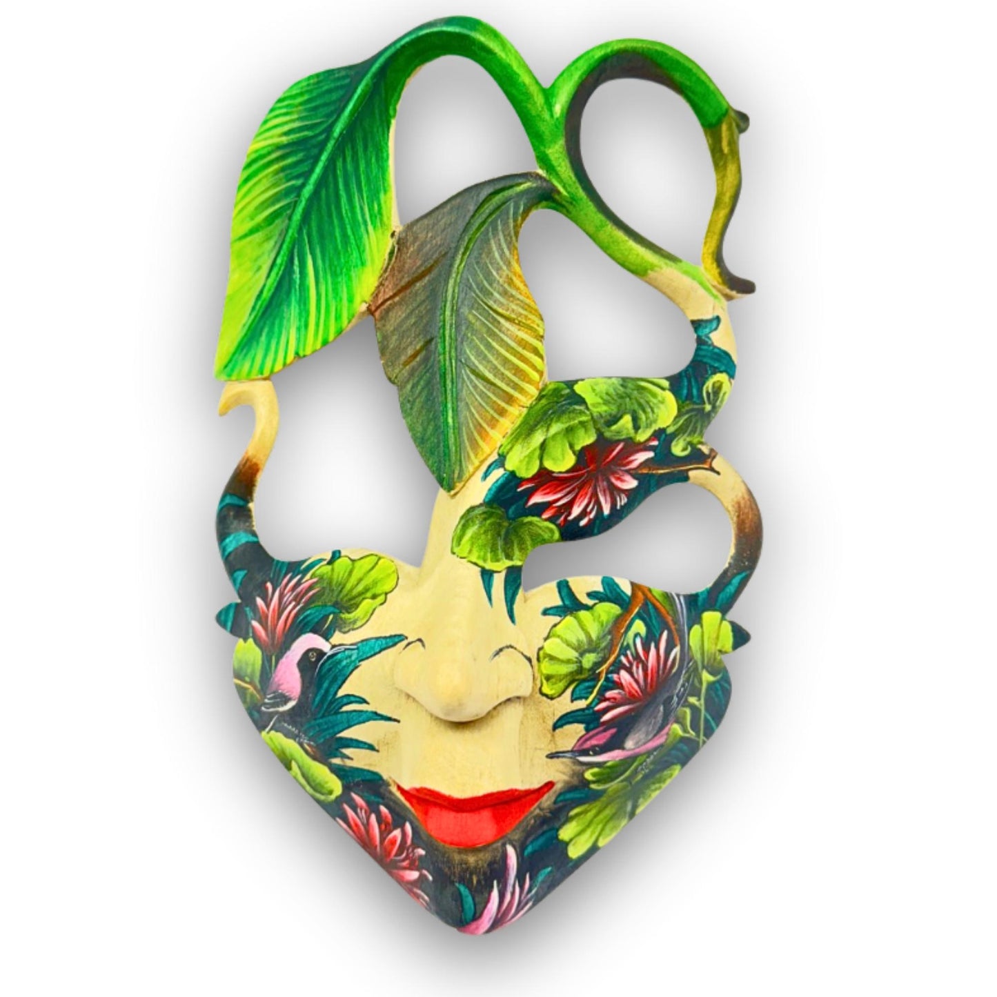 Hand Carved Wood Balinese  Goddess Mask: Hand-painted Sacred Lotus Garden Abstract Carving, Wall Art