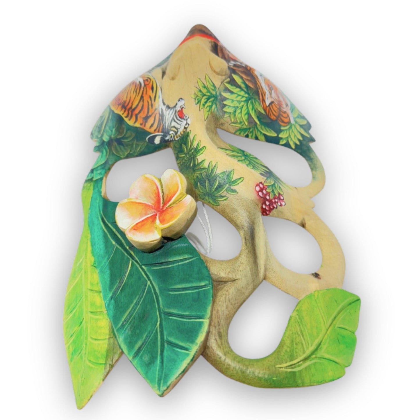 Hand Carved Wood Balinese Goddess Mask: Hand-painted Tiger Abstract Carving, Wall Art