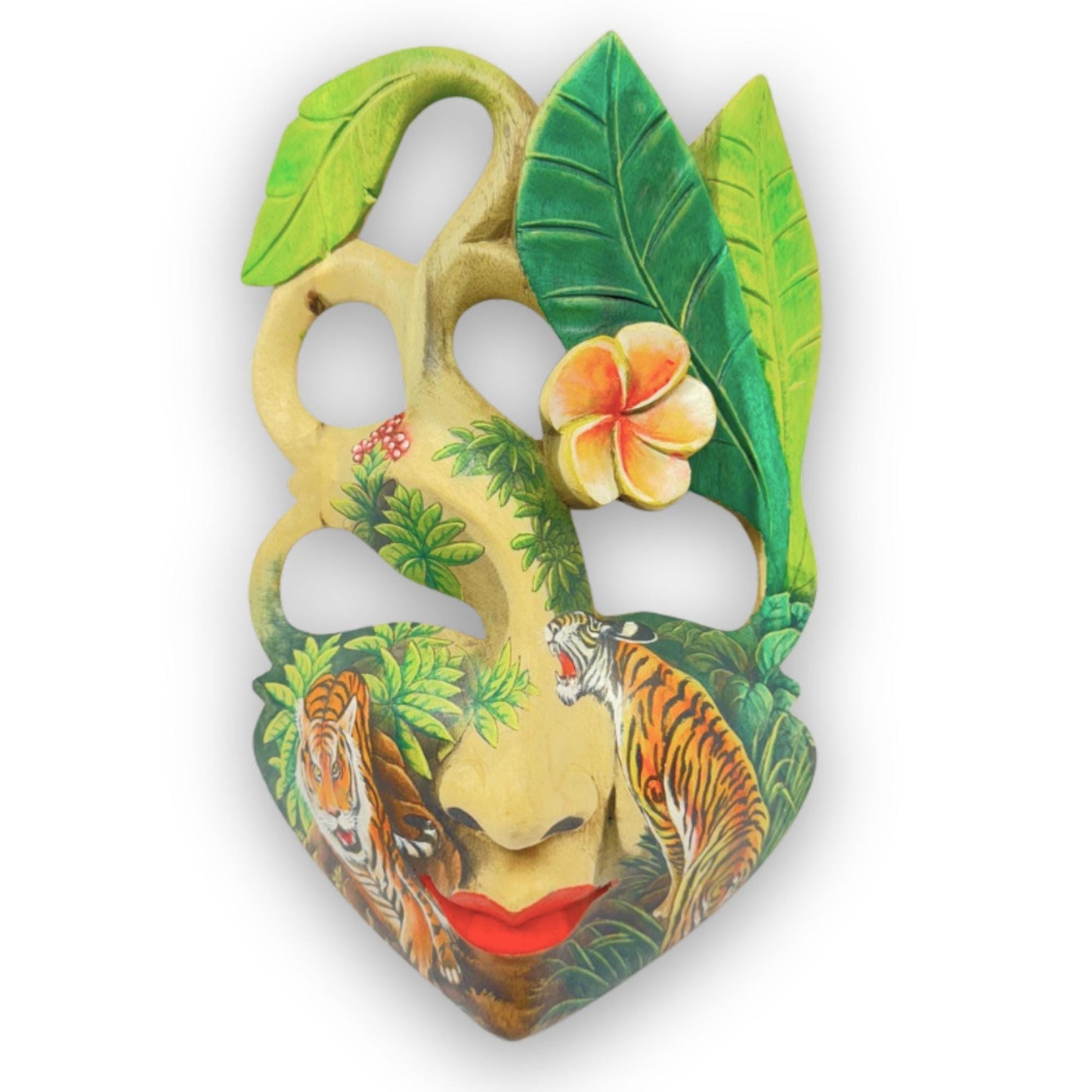 Hand Carved Wood Balinese Goddess Mask: Hand-painted Tiger Abstract Carving, Wall Art