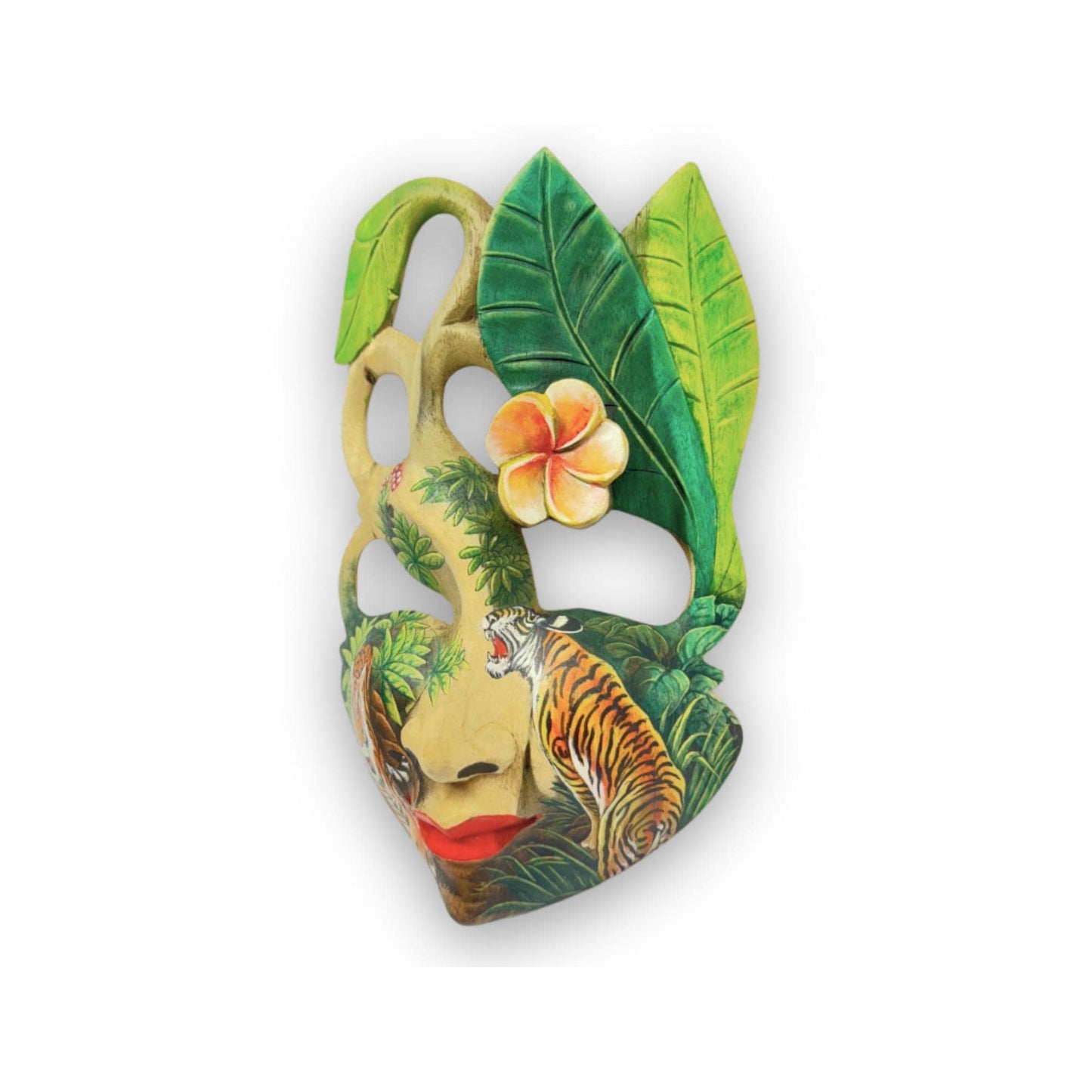 Hand Carved Wood Balinese Goddess Mask: Hand-painted Tiger Abstract Carving, Wall Art