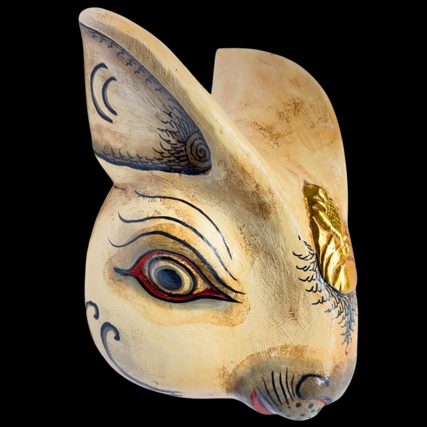 Balinese White Rabbit Mask: Hand Carved Wood Bali Folk Art Wall Sculpture