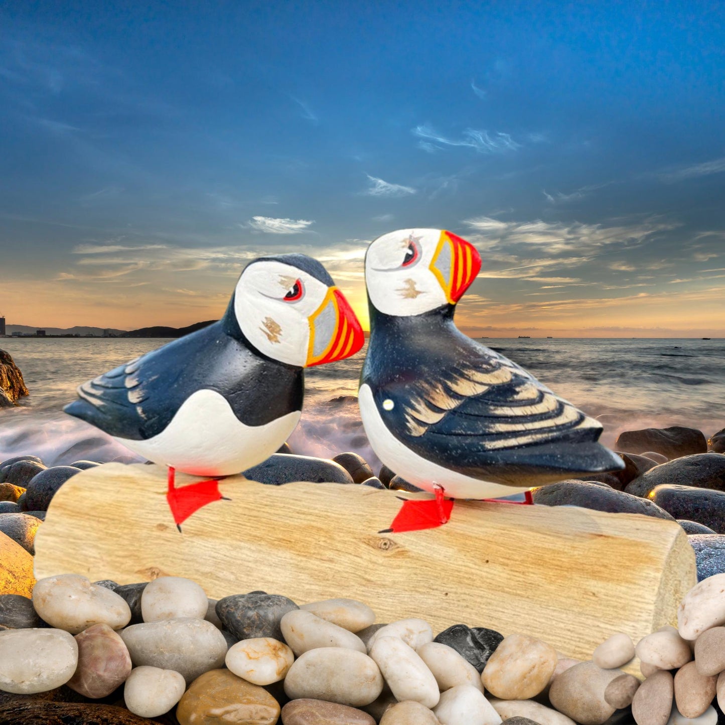 Hand Carved Atlantic Puffin Sculpture: Painted Wood Carving Seabird Statue