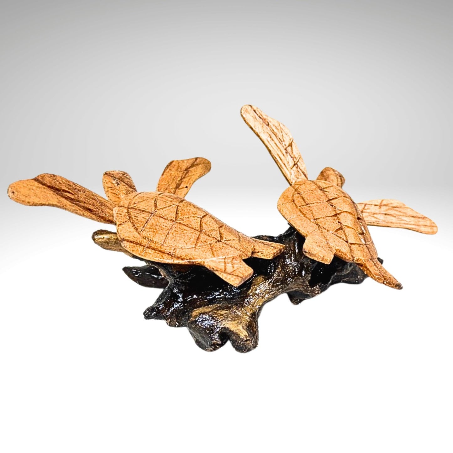 Hand Carved Double Sea Turtle Sculpture: Balinese Wood Carving, Sea-life Statue Art