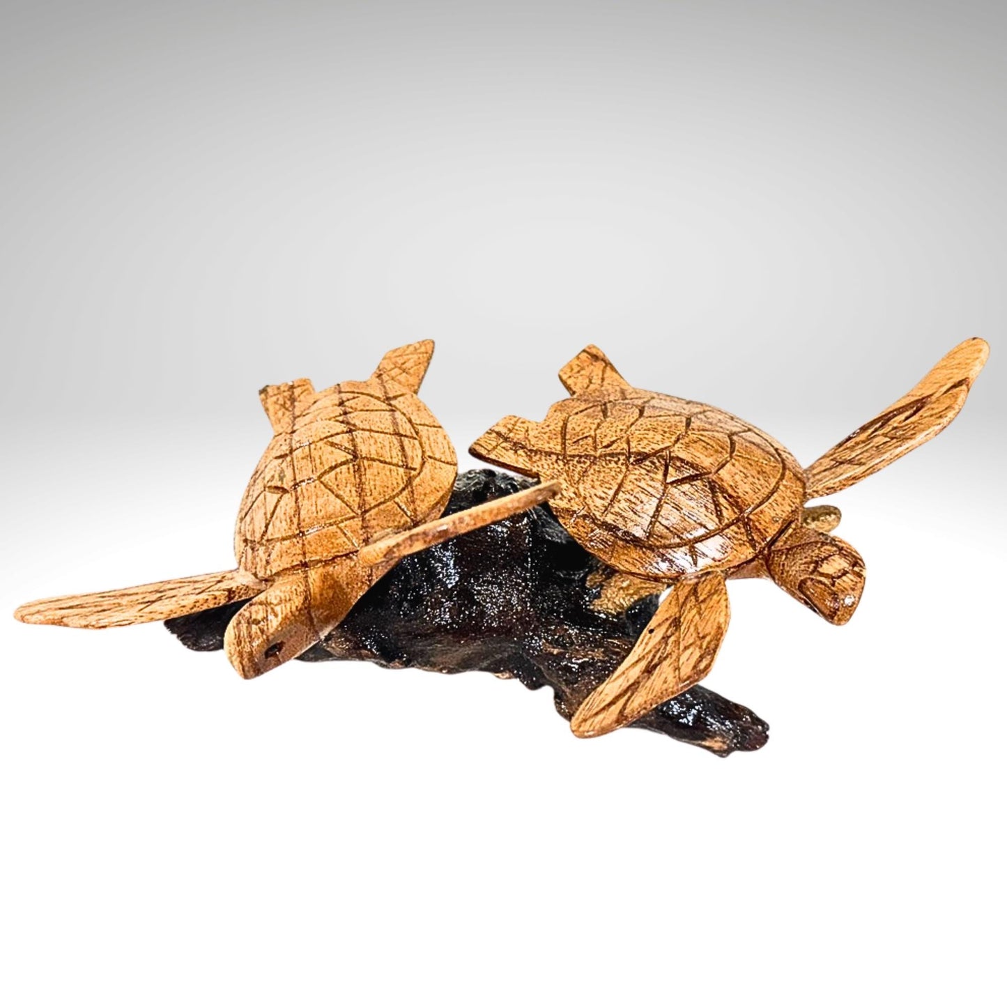 Hand Carved Double Sea Turtle Sculpture: Balinese Wood Carving, Sea-life Statue Art