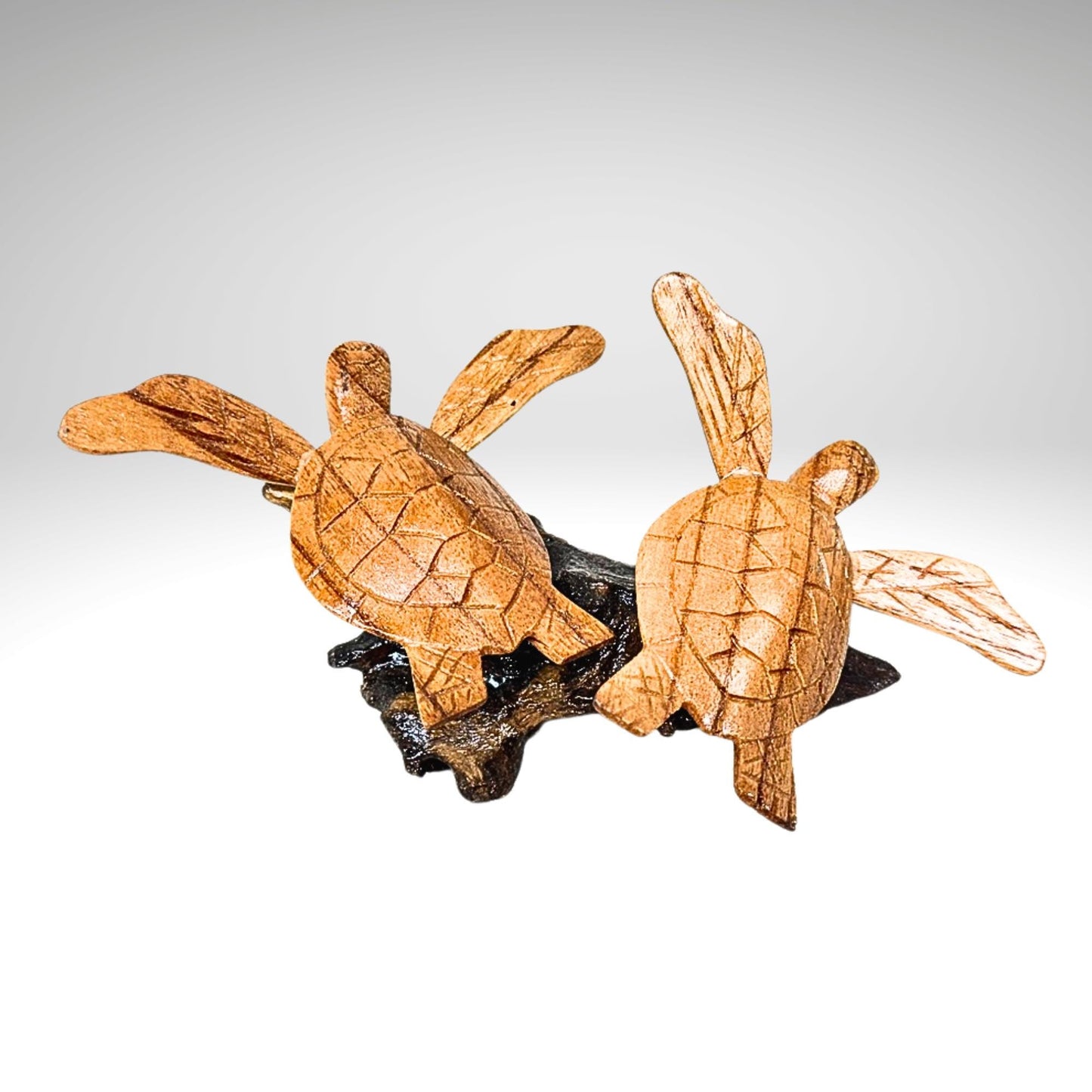 Hand Carved Double Sea Turtle Sculpture: Balinese Wood Carving, Sea-life Statue Art