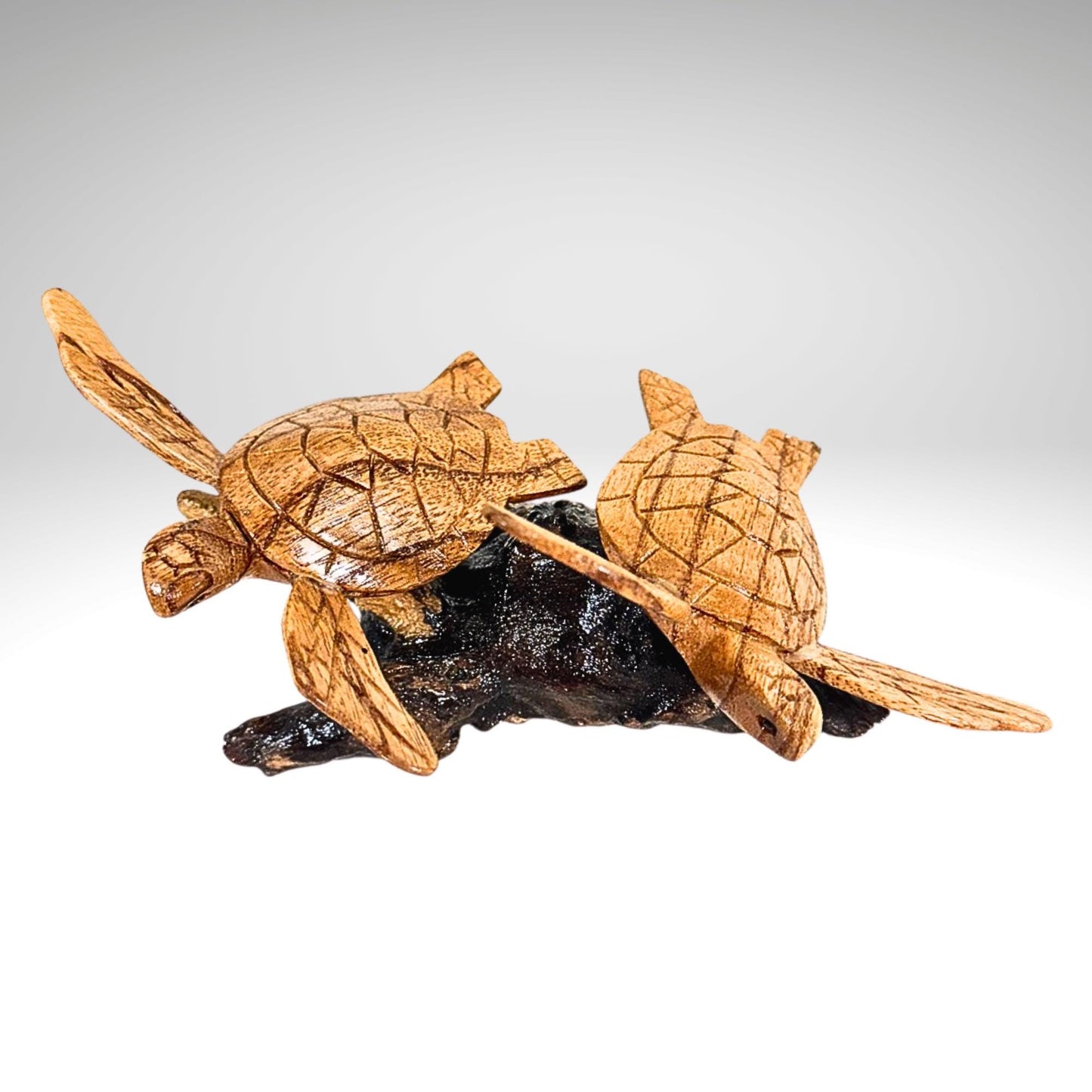 Hand Carved Double Sea Turtle Sculpture: Balinese Wood Carving, Sea-life Statue Art