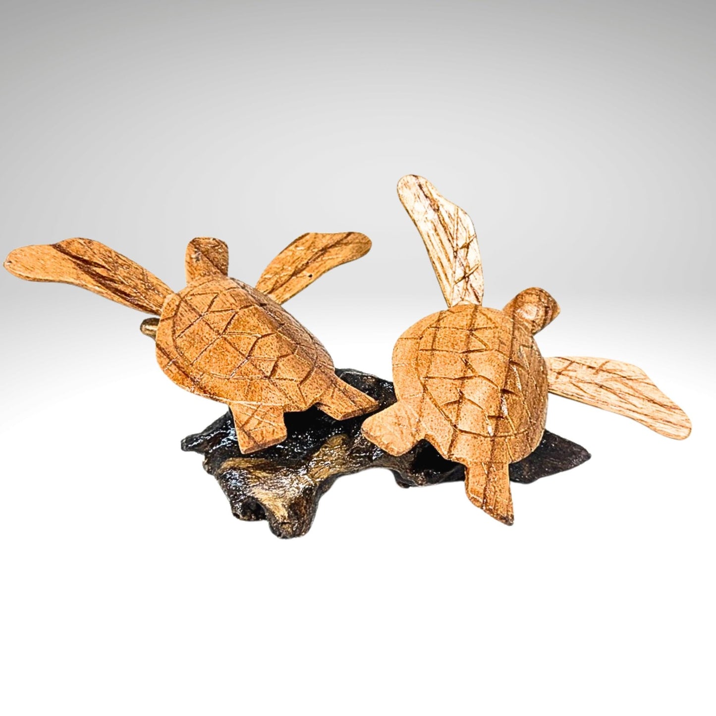 Hand Carved Double Sea Turtle Sculpture: Balinese Wood Carving, Sea-life Statue Art