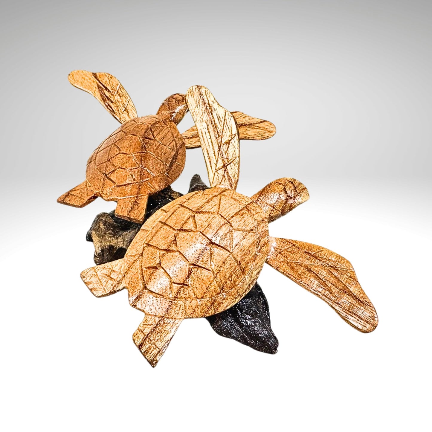 Hand Carved Double Sea Turtle Sculpture: Balinese Wood Carving, Sea-life Statue Art