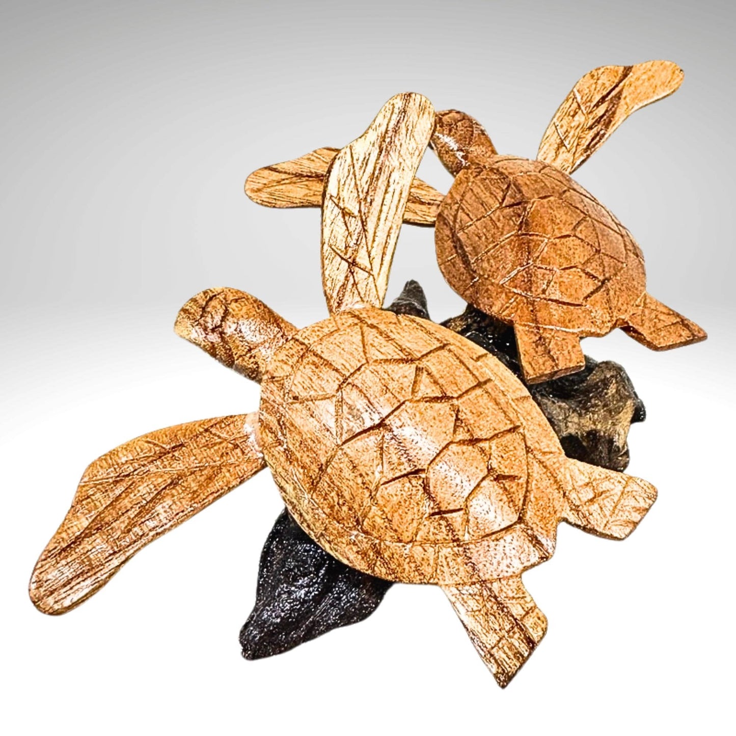 Hand Carved Double Sea Turtle Sculpture: Balinese Wood Carving, Sea-life Statue Art