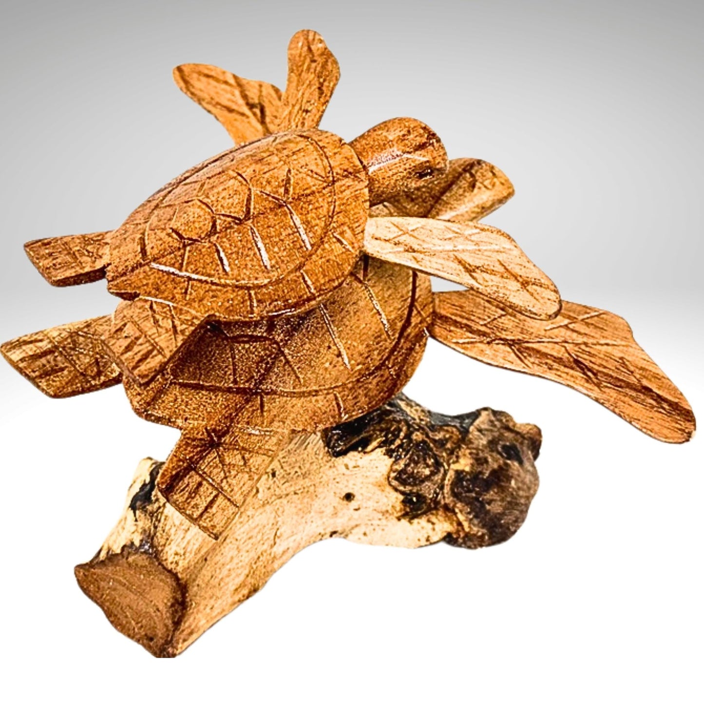Hand Carved Double Sea Turtle Sculpture: Balinese Marine Art Wood Carving Statue
