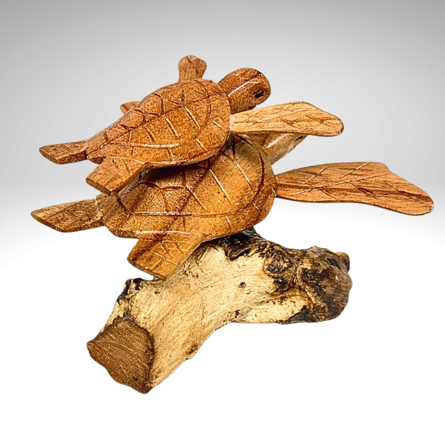 Hand Carved Double Sea Turtle Sculpture: Balinese Marine Art Wood Carving Statue