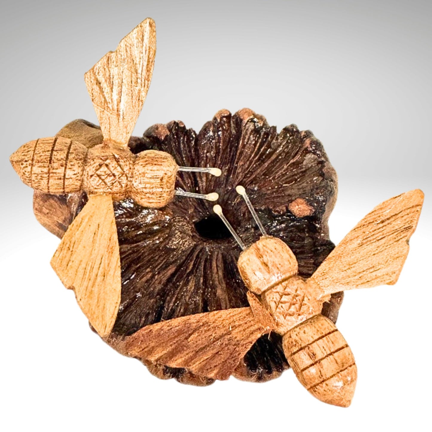 Honey Bee Hand Carved Statue: Balinese Parasite Mushroom Wood Honeybee Carving