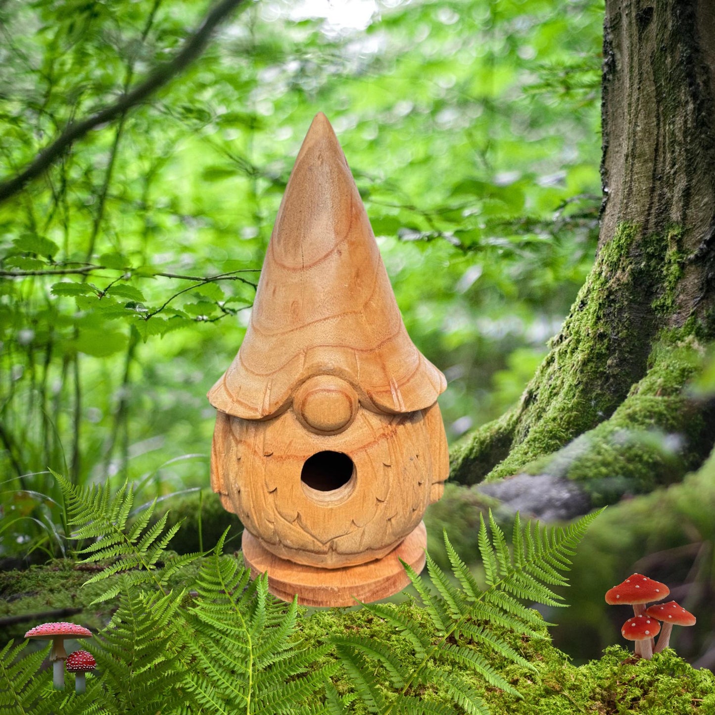 Garden Gnome Hand Carved Wood Bird house: Rustic Garden decor
