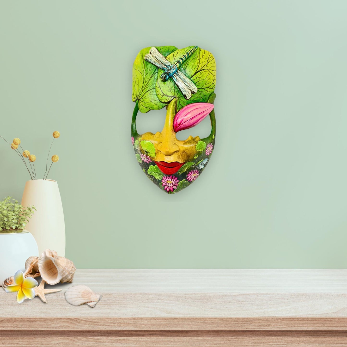 Hand Carved Wood Balinese Mask Dragonfly Goddess: Hand-painted Lotus Garden Abstract Carving, Wall Art