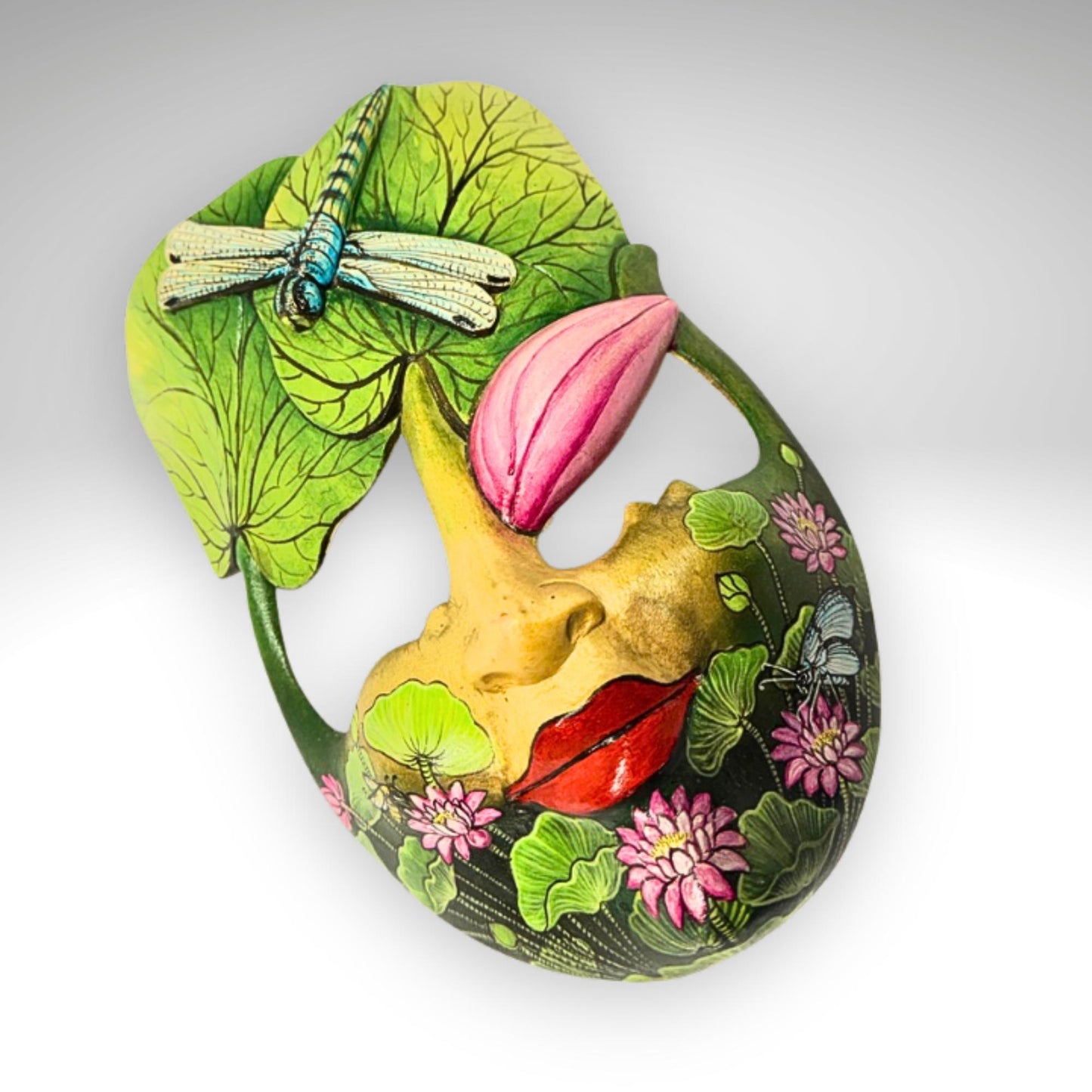 Hand Carved Wood Balinese Mask Dragonfly Goddess: Hand-painted Lotus Garden Abstract Carving, Wall Art