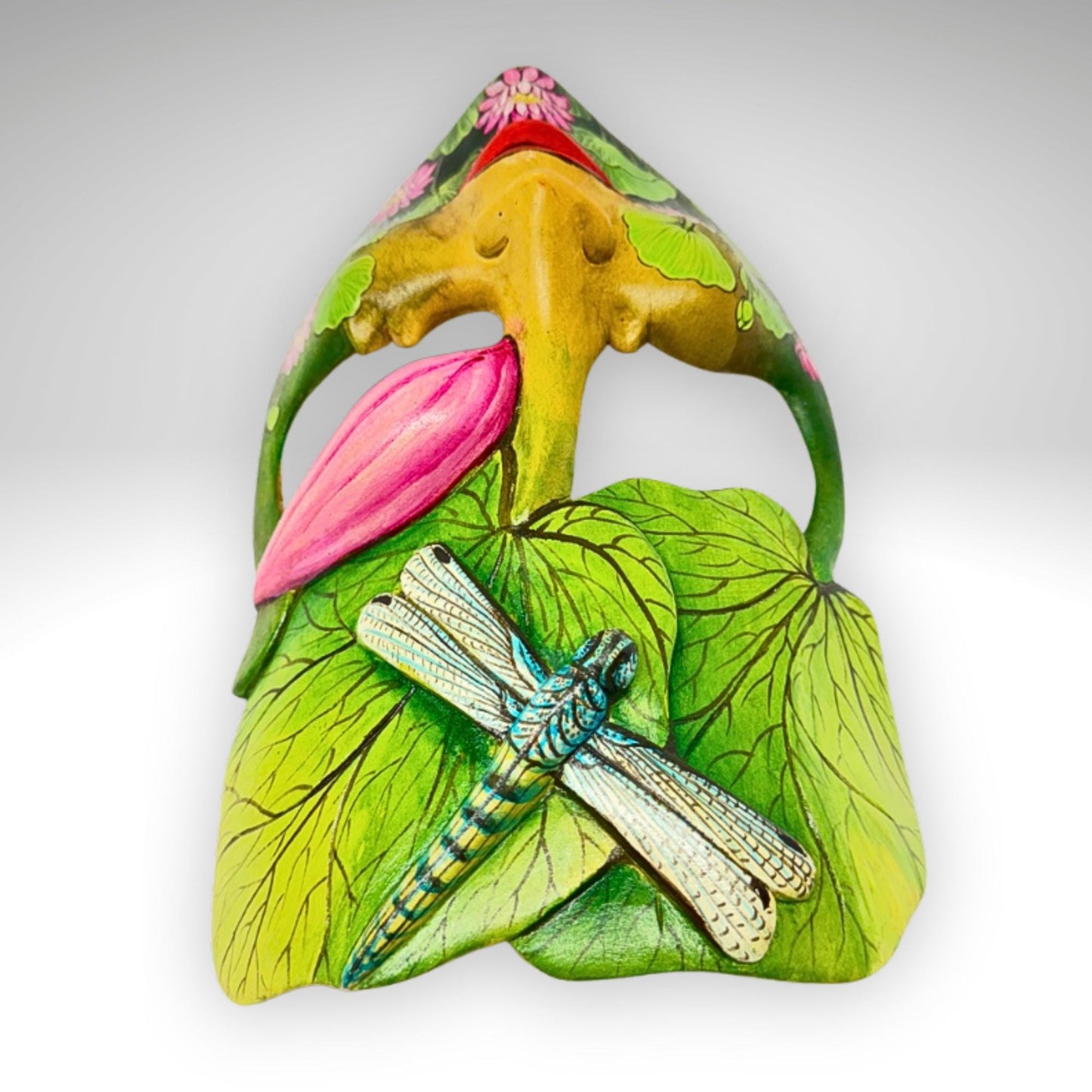 Hand Carved Wood Balinese Mask Dragonfly Goddess: Hand-painted Lotus Garden Abstract Carving, Wall Art