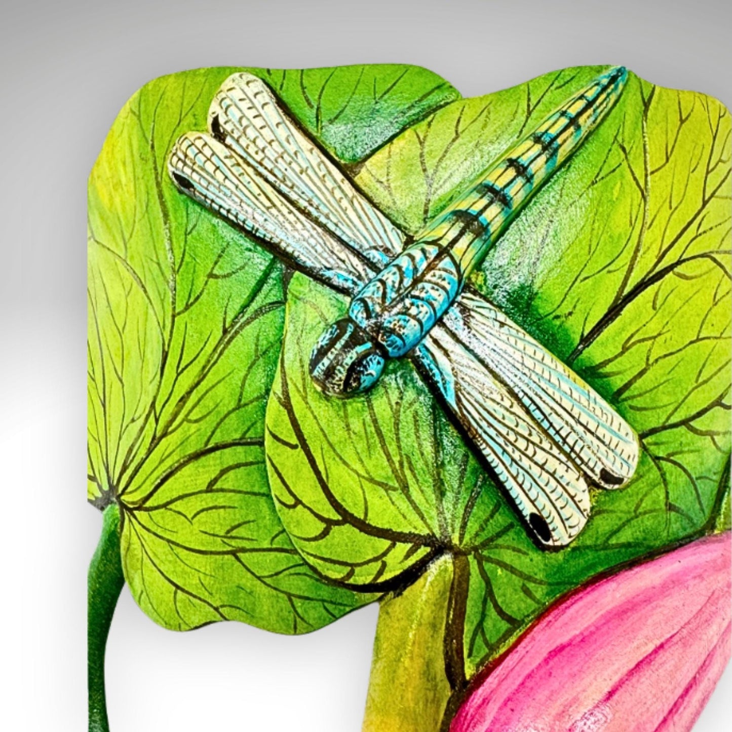 Hand Carved Wood Balinese Mask Dragonfly Goddess: Hand-painted Lotus Garden Abstract Carving, Wall Art