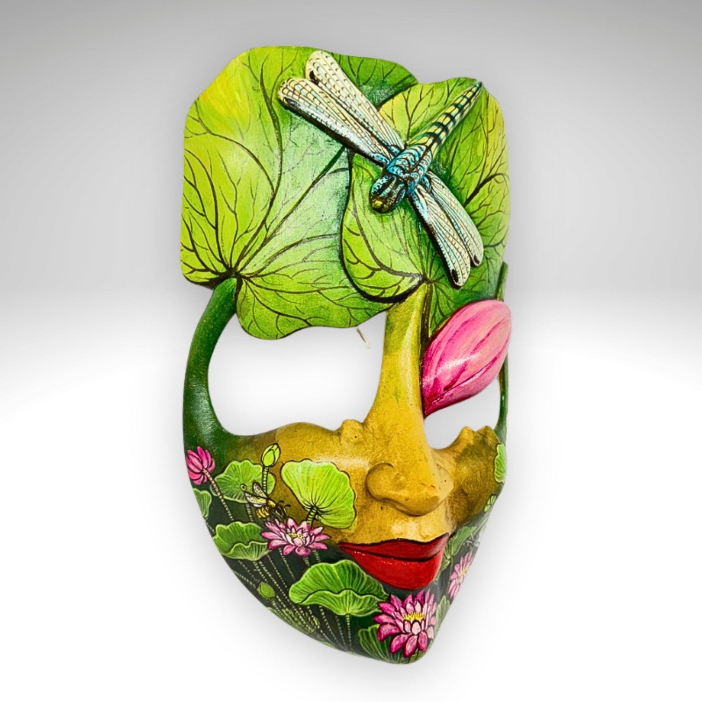 Hand Carved Wood Balinese Mask Dragonfly Goddess: Hand-painted Lotus Garden Abstract Carving, Wall Art