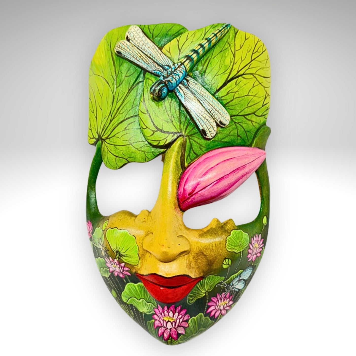 Hand Carved Wood Balinese Mask Dragonfly Goddess: Hand-painted Lotus Garden Abstract Carving, Wall Art