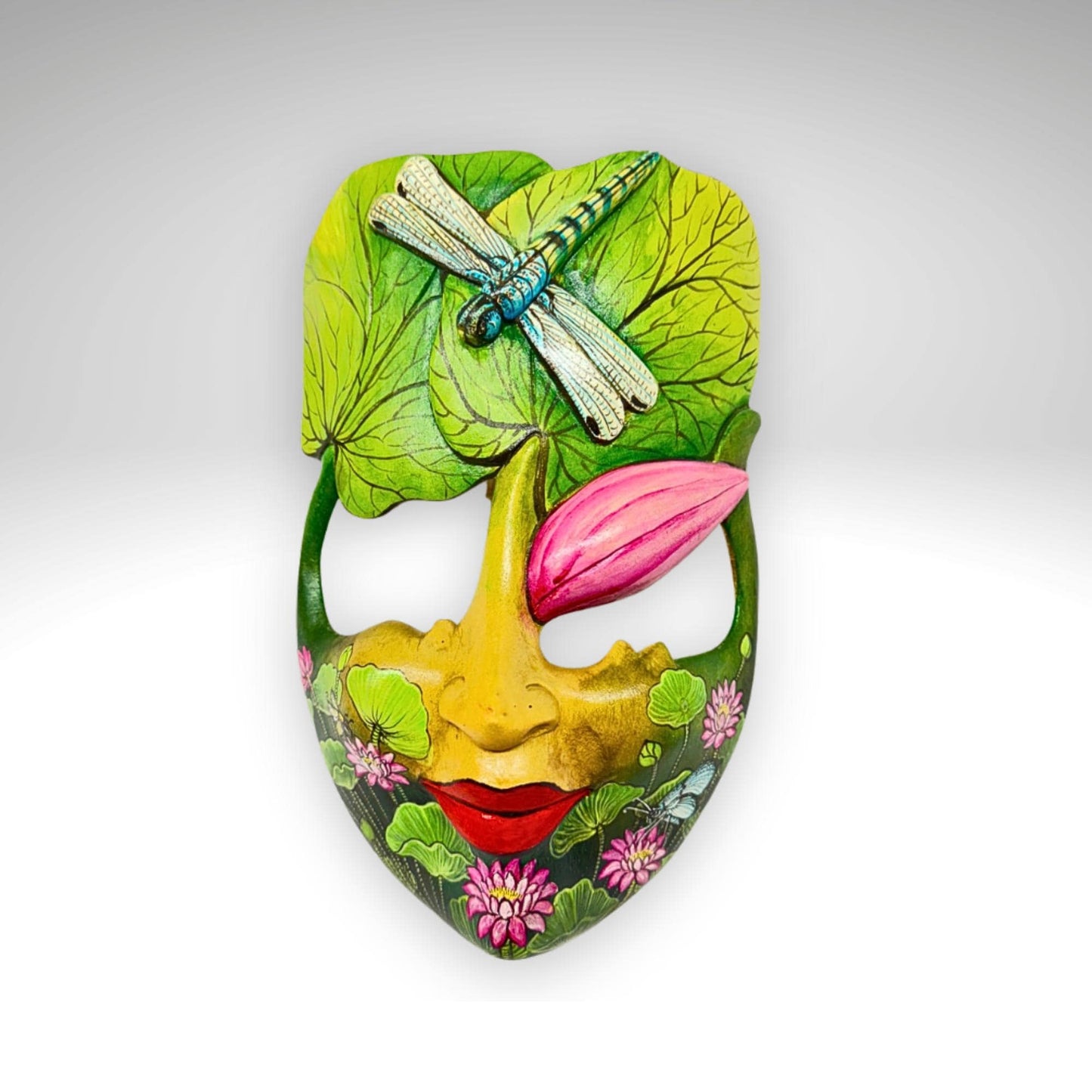 Hand Carved Wood Balinese Mask Dragonfly Goddess: Hand-painted Lotus Garden Abstract Carving, Wall Art
