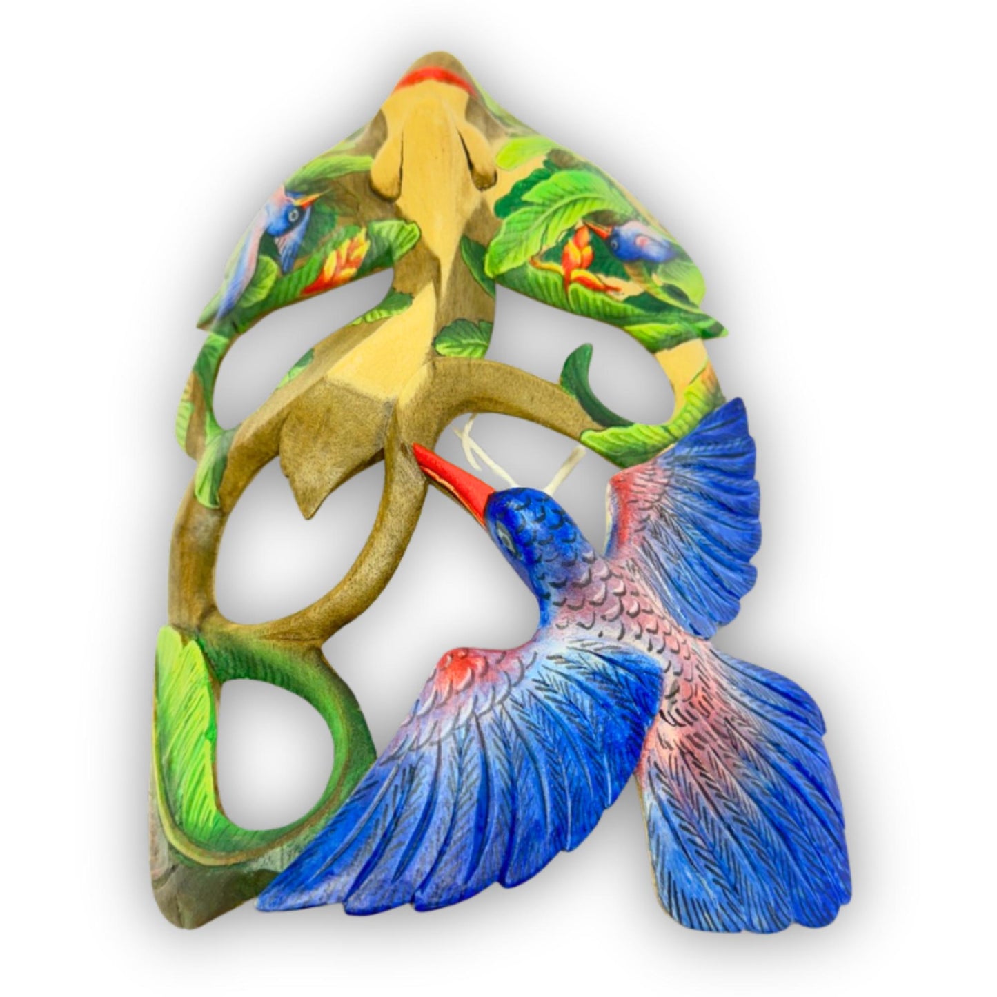 Hand Carved Wood Balinese Mask Kingfisher Goddess: Hand-painted Jungle Garden Abstract Carving, Wall Art