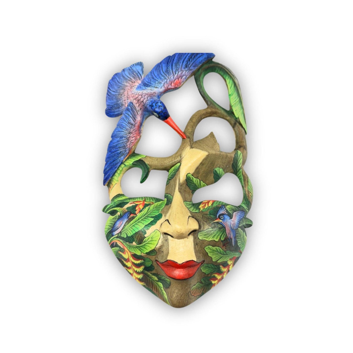 Hand Carved Wood Balinese Mask Kingfisher Goddess: Hand-painted Jungle Garden Abstract Carving, Wall Art