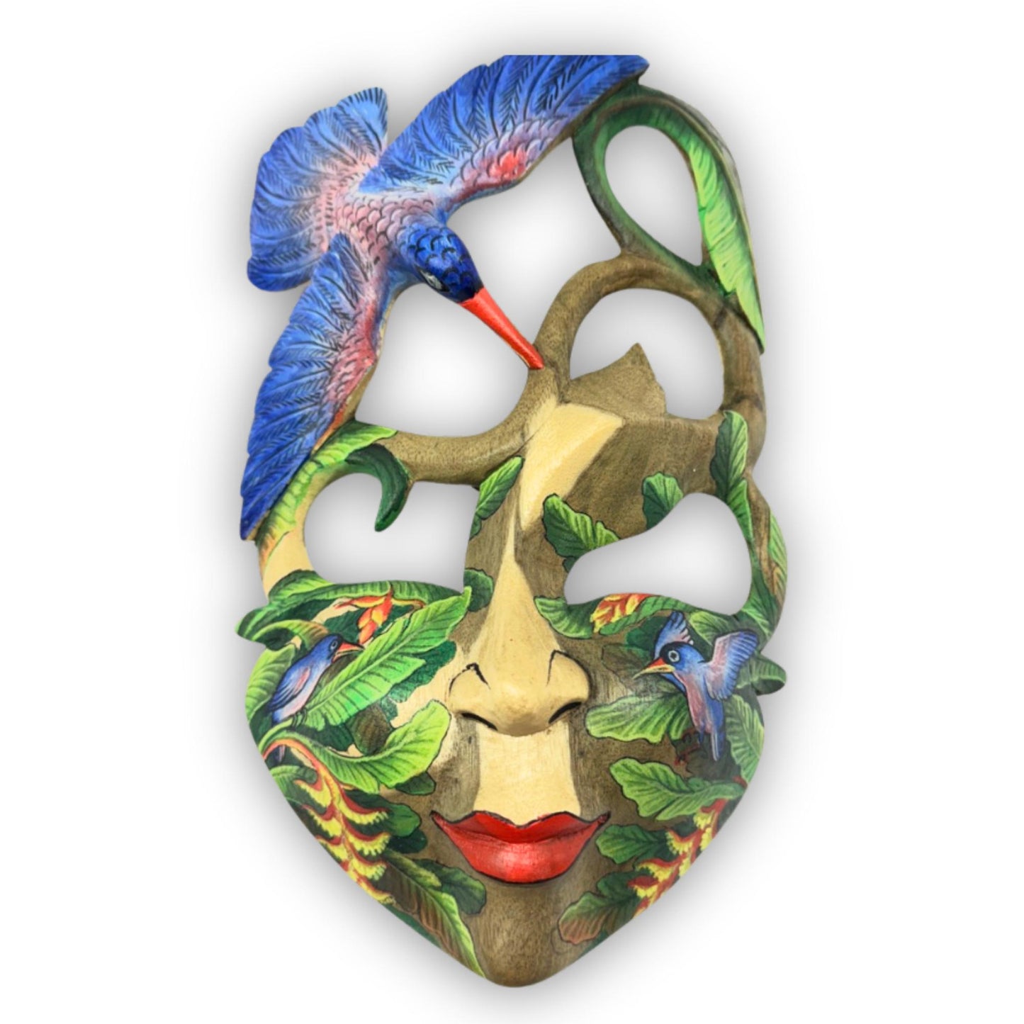Hand Carved Wood Balinese Mask Kingfisher Goddess: Hand-painted Jungle Garden Abstract Carving, Wall Art