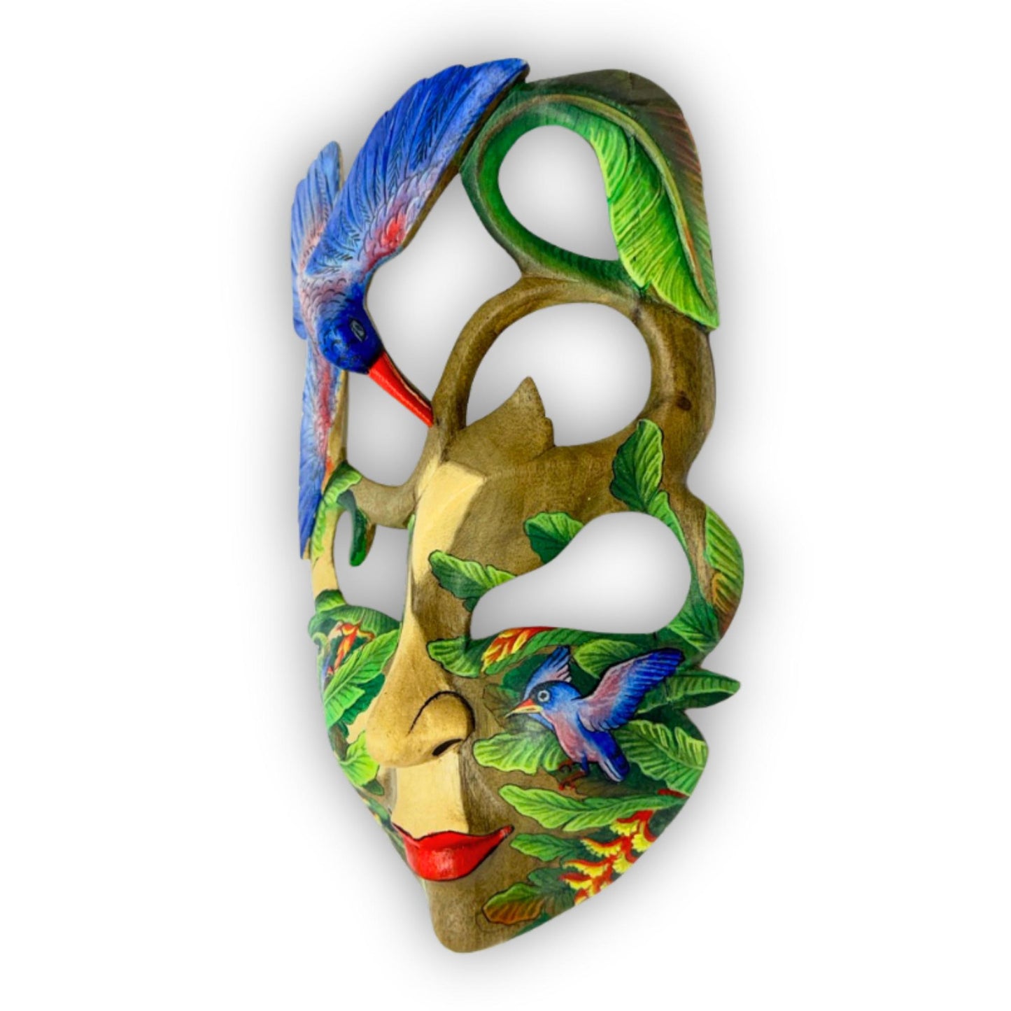 Hand Carved Wood Balinese Mask Kingfisher Goddess: Hand-painted Jungle Garden Abstract Carving, Wall Art