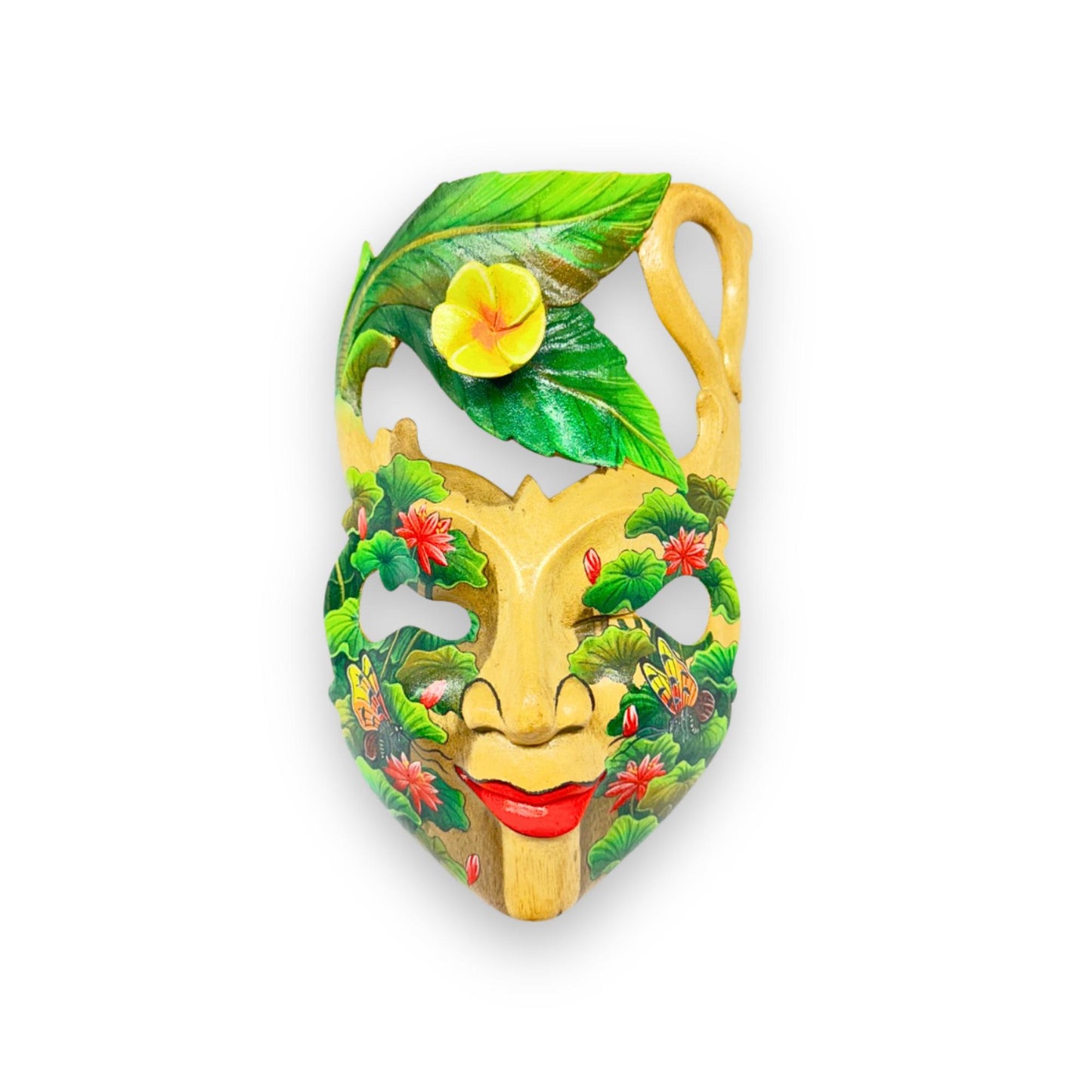 Hand Carved Wood Balinese Frangipani Goddess Mask: Hand-painted Jungle Garden Abstract Carving, Wall Art