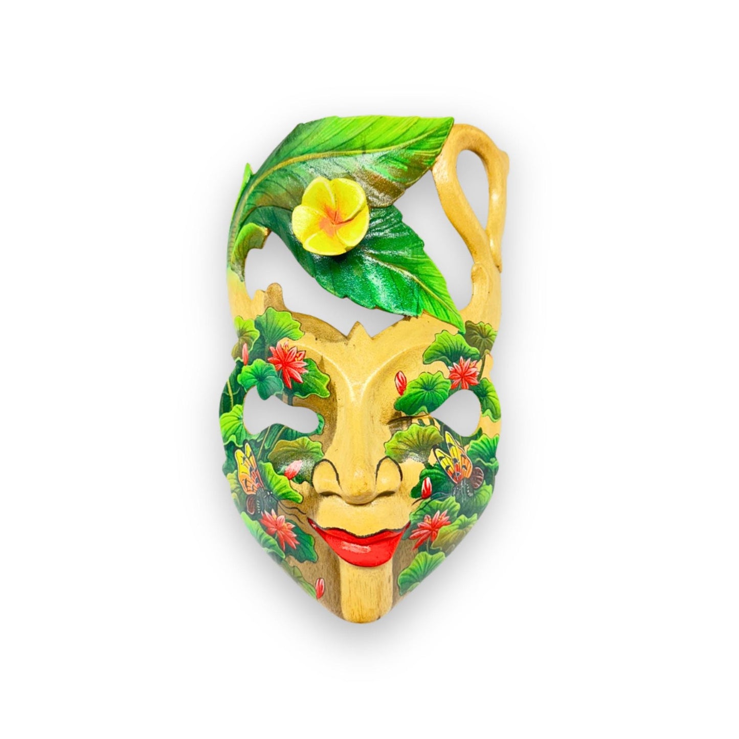 Hand Carved Wood Balinese Frangipani Goddess Mask: Hand-painted Jungle Garden Abstract Carving, Wall Art