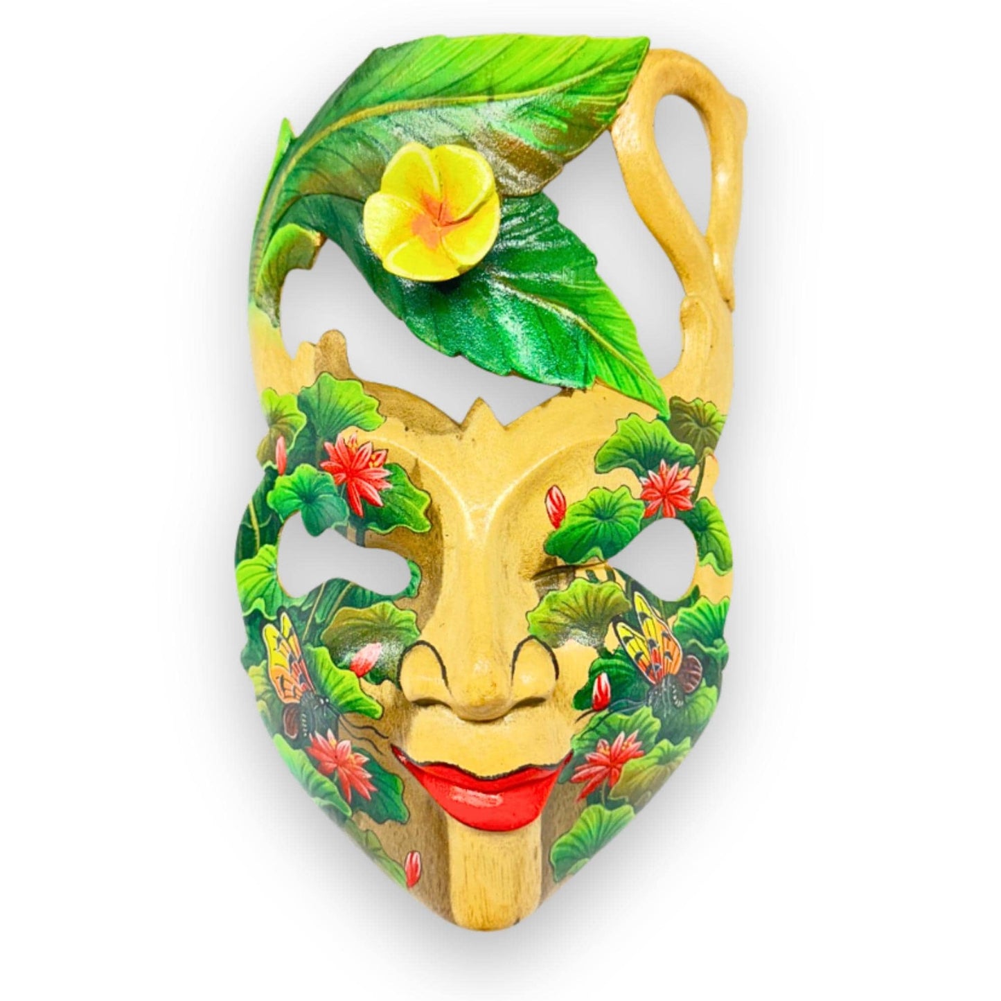 Hand Carved Wood Balinese Frangipani Goddess Mask: Hand-painted Jungle Garden Abstract Carving, Wall Art