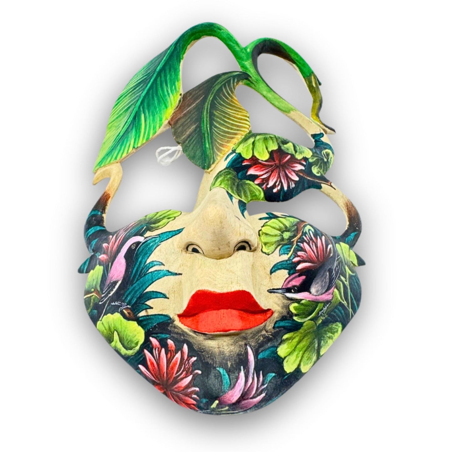 Hand Carved Wood Balinese  Goddess Mask: Hand-painted Sacred Lotus Garden Abstract Carving, Wall Art
