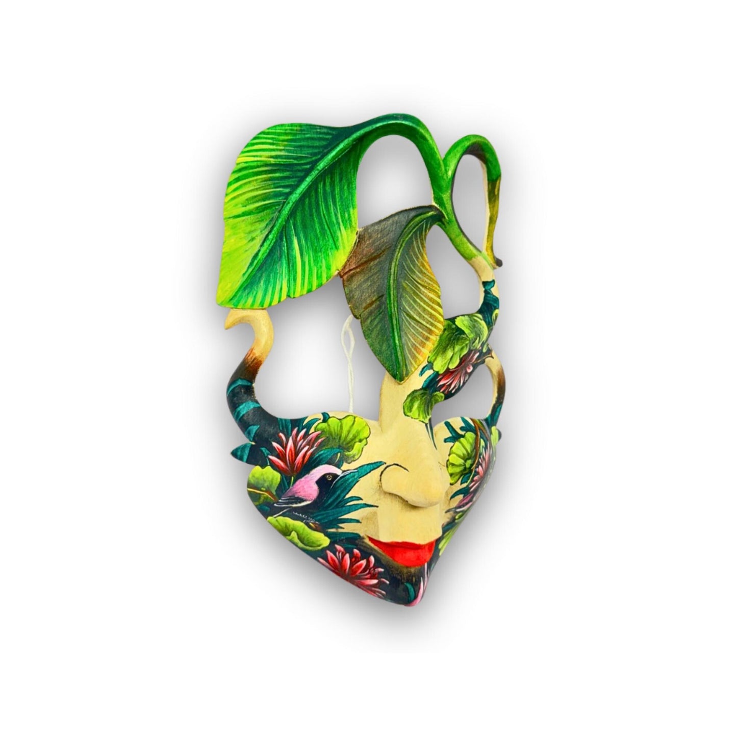 Hand Carved Wood Balinese  Goddess Mask: Hand-painted Sacred Lotus Garden Abstract Carving, Wall Art