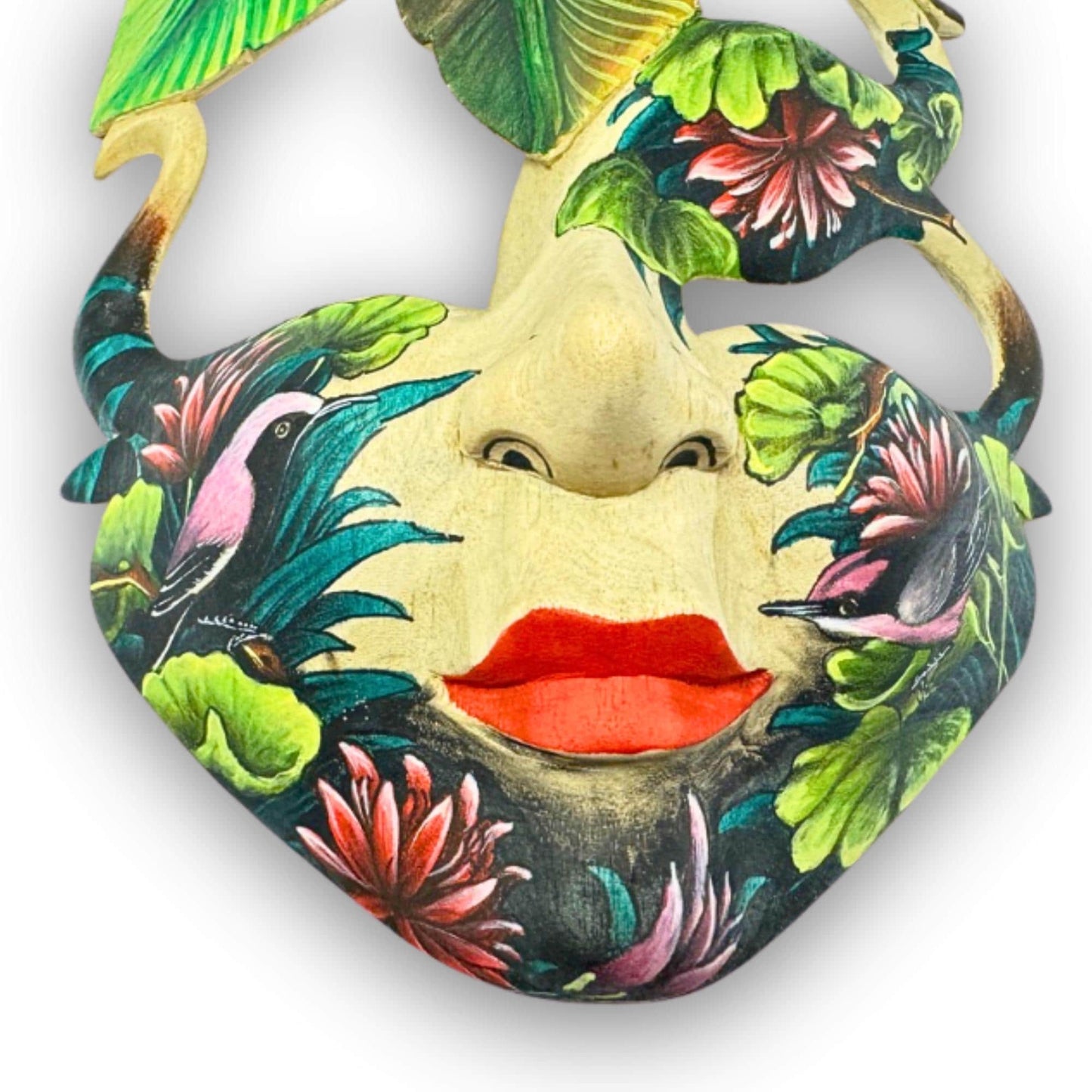 Hand Carved Wood Balinese  Goddess Mask: Hand-painted Sacred Lotus Garden Abstract Carving, Wall Art