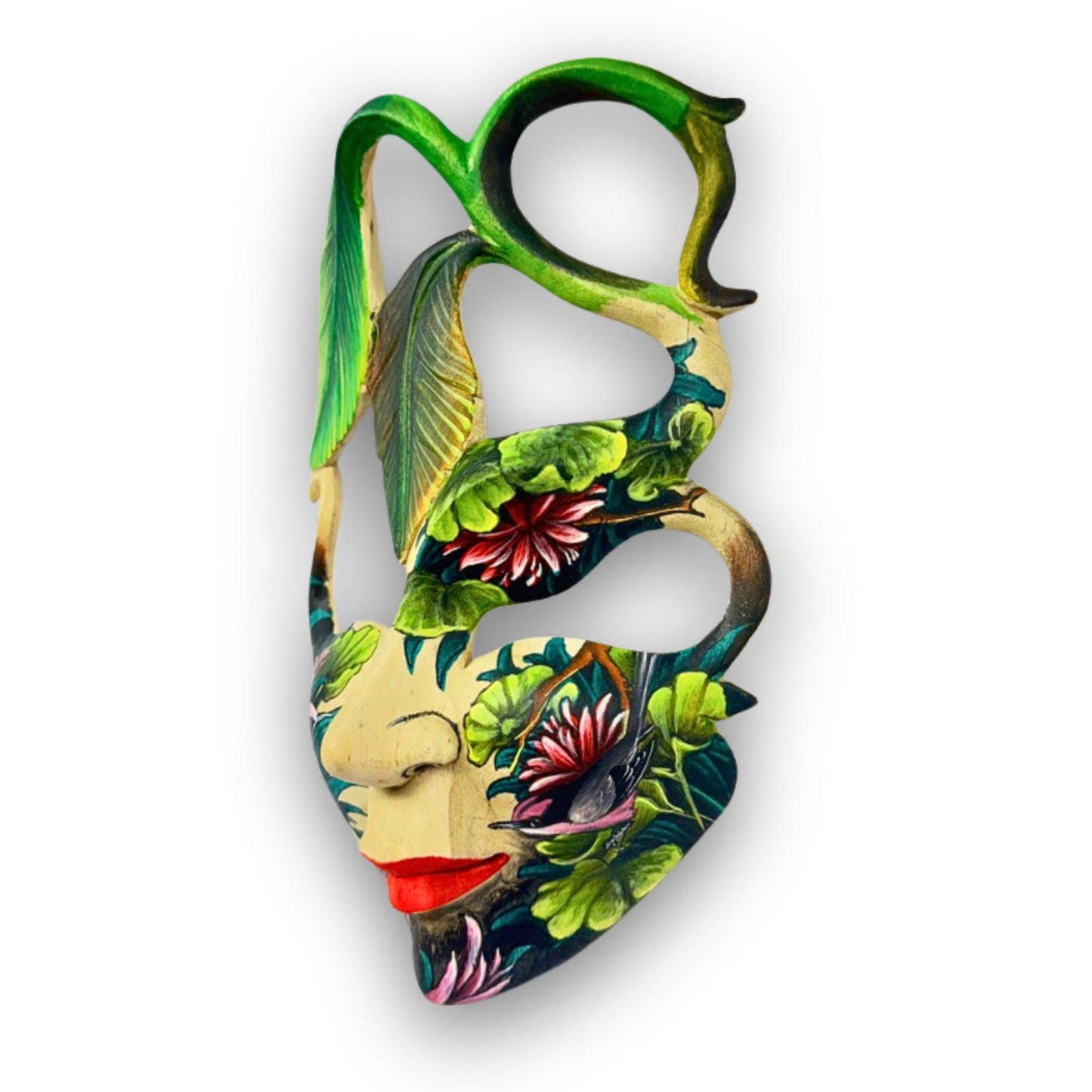 Hand Carved Wood Balinese  Goddess Mask: Hand-painted Sacred Lotus Garden Abstract Carving, Wall Art