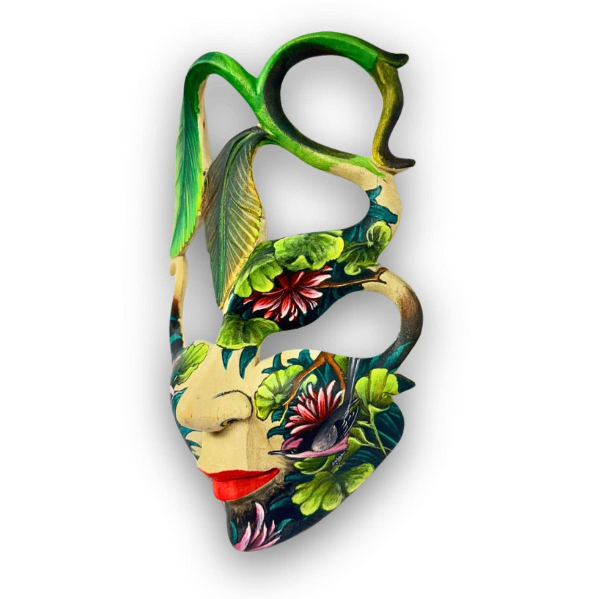 Hand Carved Wood Balinese  Goddess Mask: Hand-painted Sacred Lotus Garden Abstract Carving, Wall Art