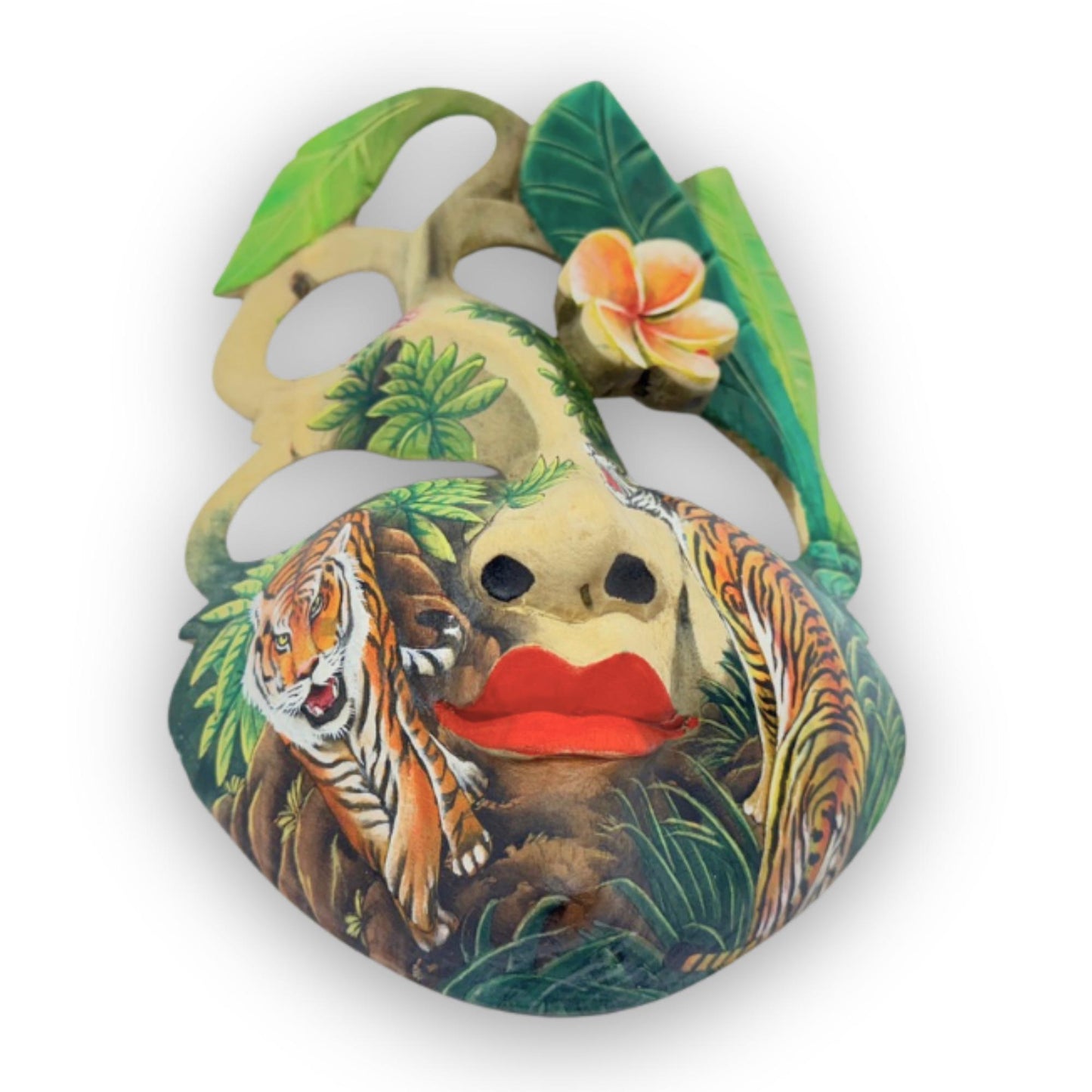 Hand Carved Wood Balinese Goddess Mask: Hand-painted Tiger Abstract Carving, Wall Art