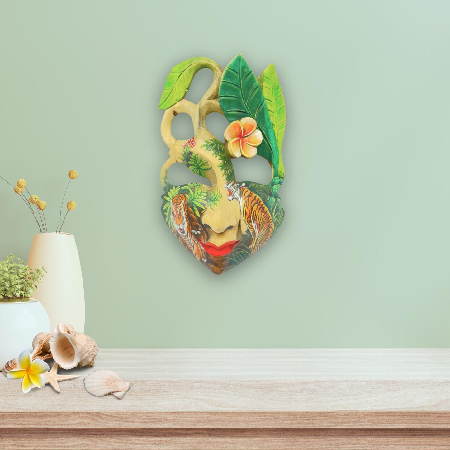 Hand Carved Wood Balinese Goddess Mask: Hand-painted Tiger Abstract Carving, Wall Art