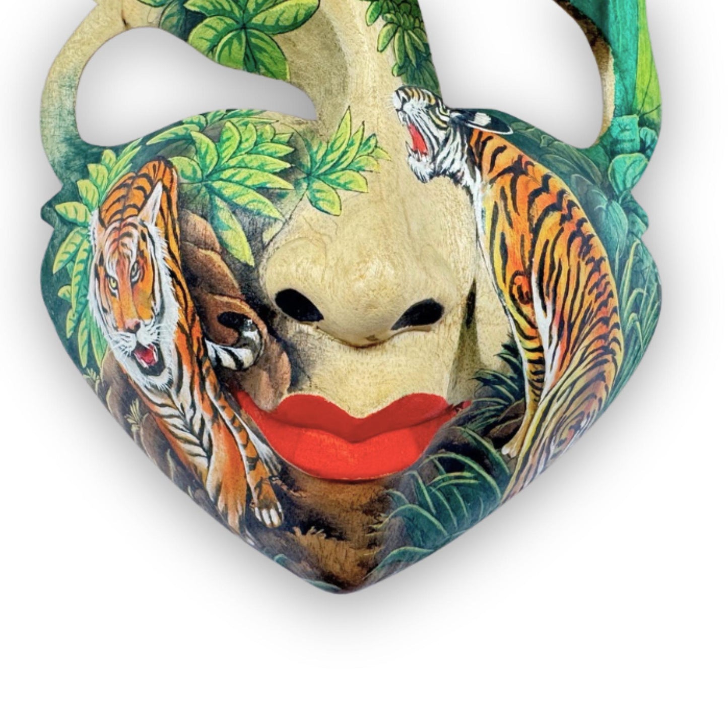Hand Carved Wood Balinese Goddess Mask: Hand-painted Tiger Abstract Carving, Wall Art