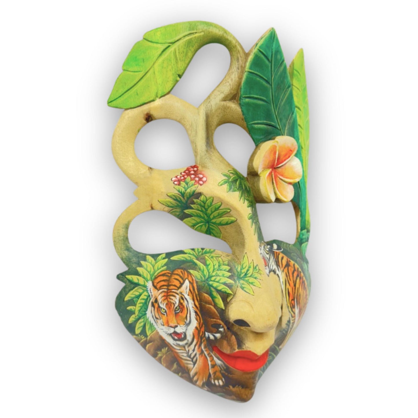 Hand Carved Wood Balinese Goddess Mask: Hand-painted Tiger Abstract Carving, Wall Art