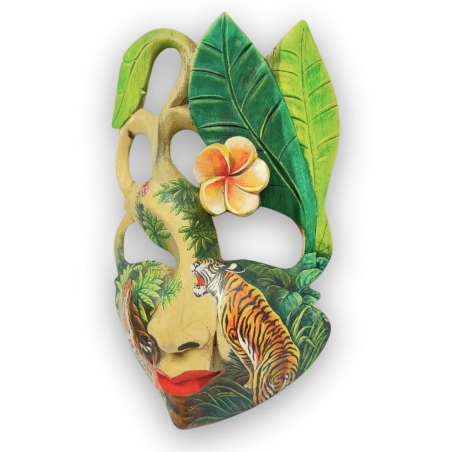 Hand Carved Wood Balinese Goddess Mask: Hand-painted Tiger Abstract Carving, Wall Art