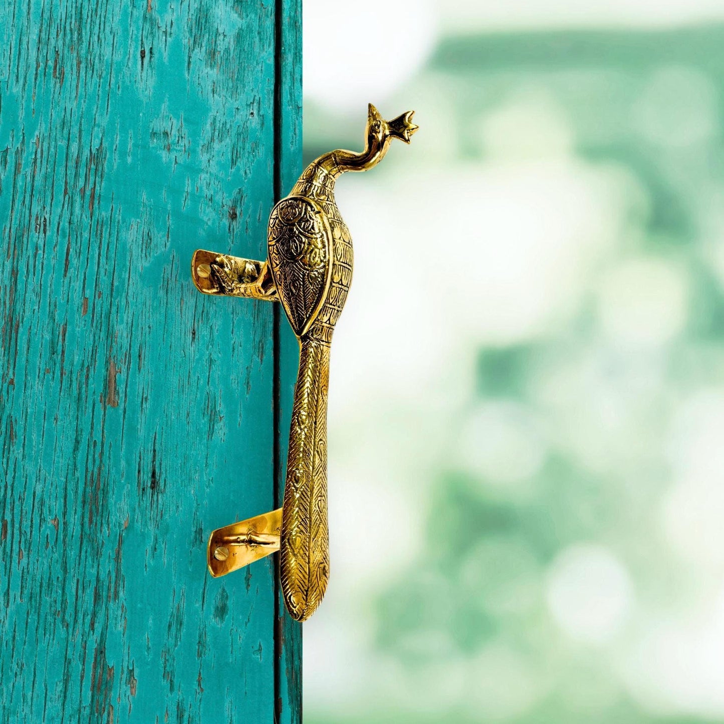 Balinese Peacock Door Handle: Polished Gold Bronze Architectural Art