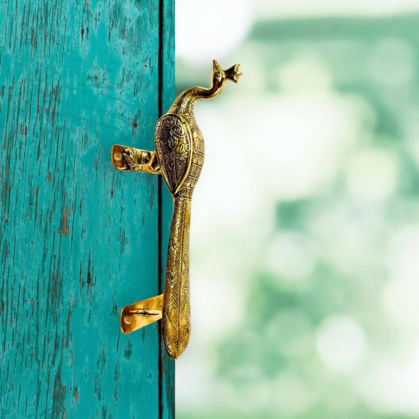 Balinese Peacock Door Handle: Polished Gold Bronze Architectural Art