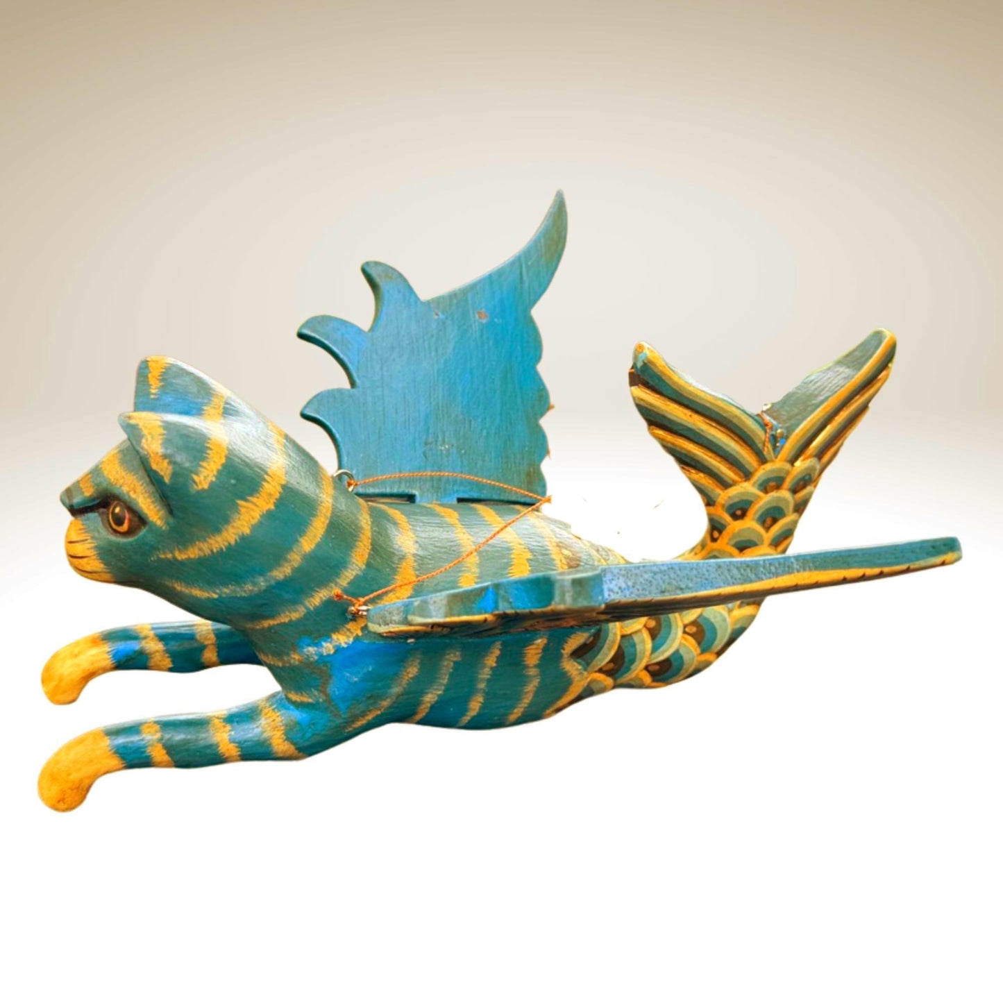 Hand Carved Winged Mermaid Cat Mobile: Balinese Spirit Guardian