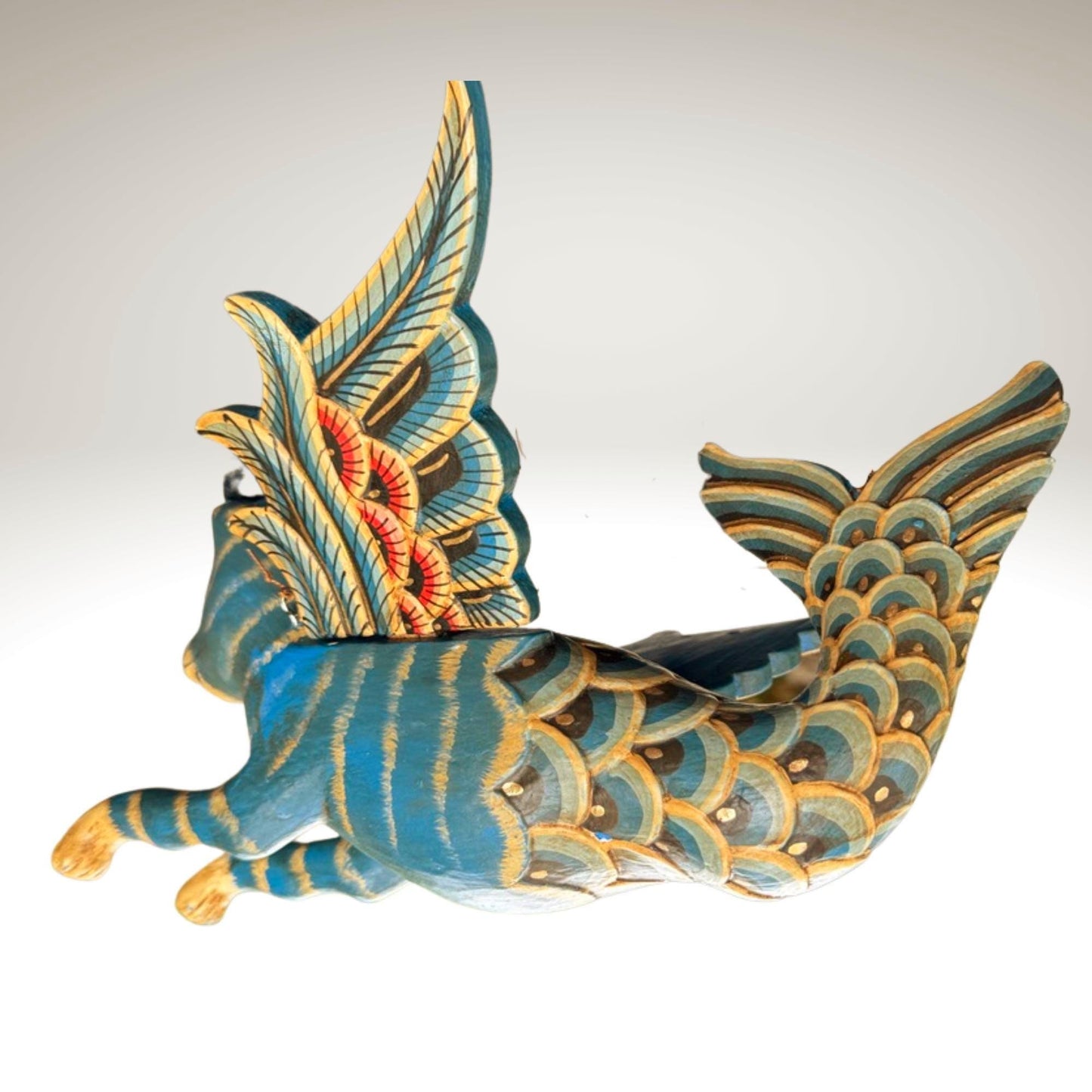 Hand Carved Winged Mermaid Cat Mobile: Balinese Spirit Guardian