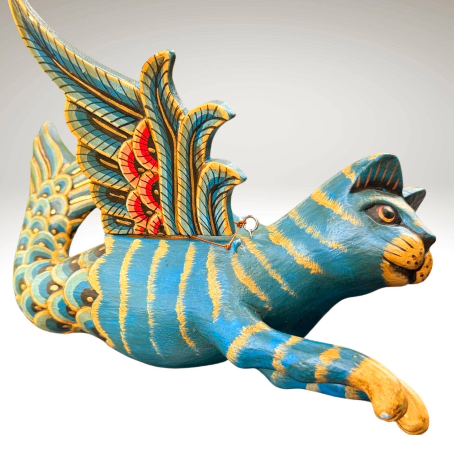 Hand Carved Winged Mermaid Cat Mobile: Balinese Spirit Guardian