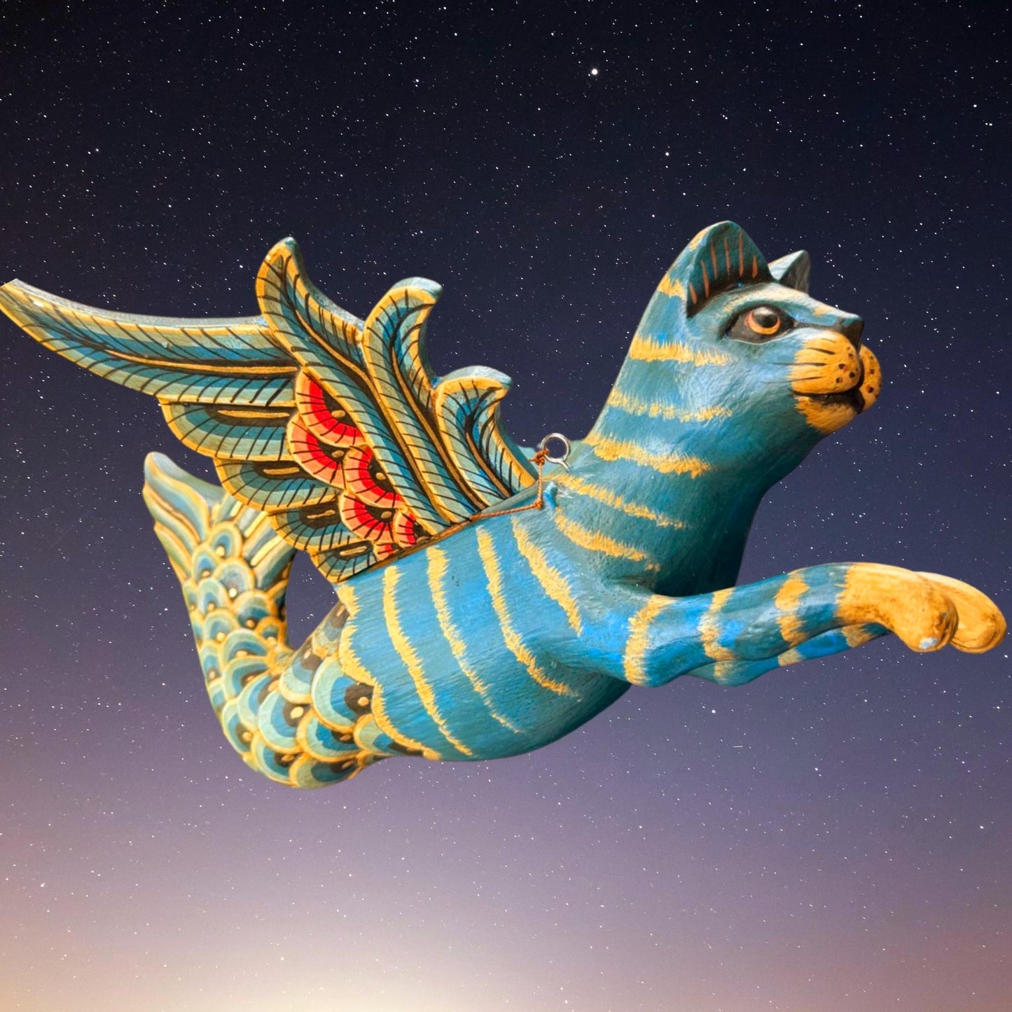 Hand Carved Winged Mermaid Cat Mobile: Balinese Spirit Guardian