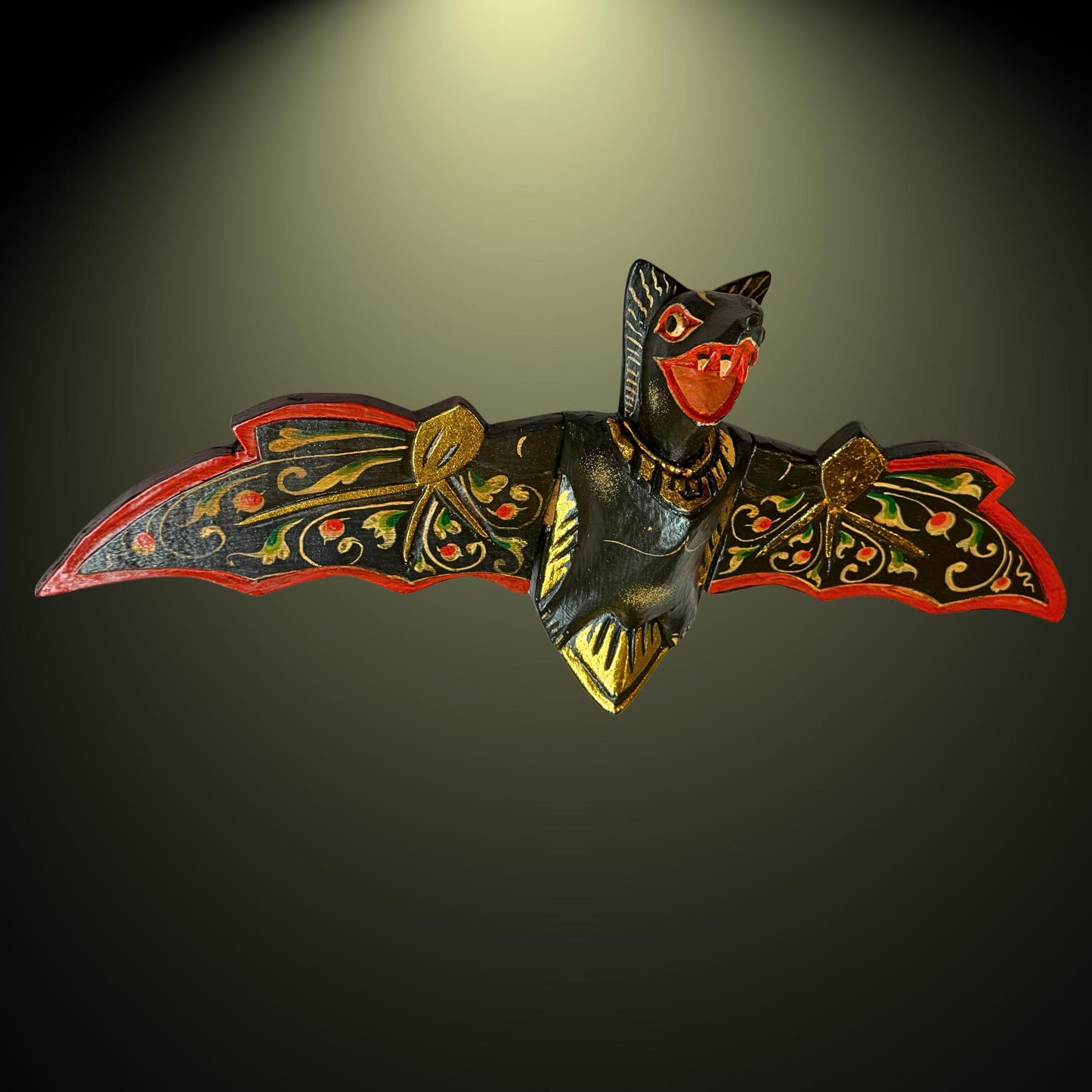 flying Black Bat Mobile Balinese Spirit Chaser hand carved wood Bali Art - Acadia World Traders